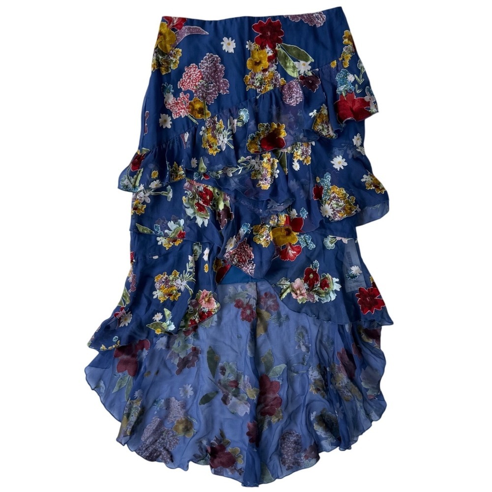 ALICE + OLIVIA Alice Mariel Asymmetrical Ruffle Skirt Tiered Floral Navy, Size 6